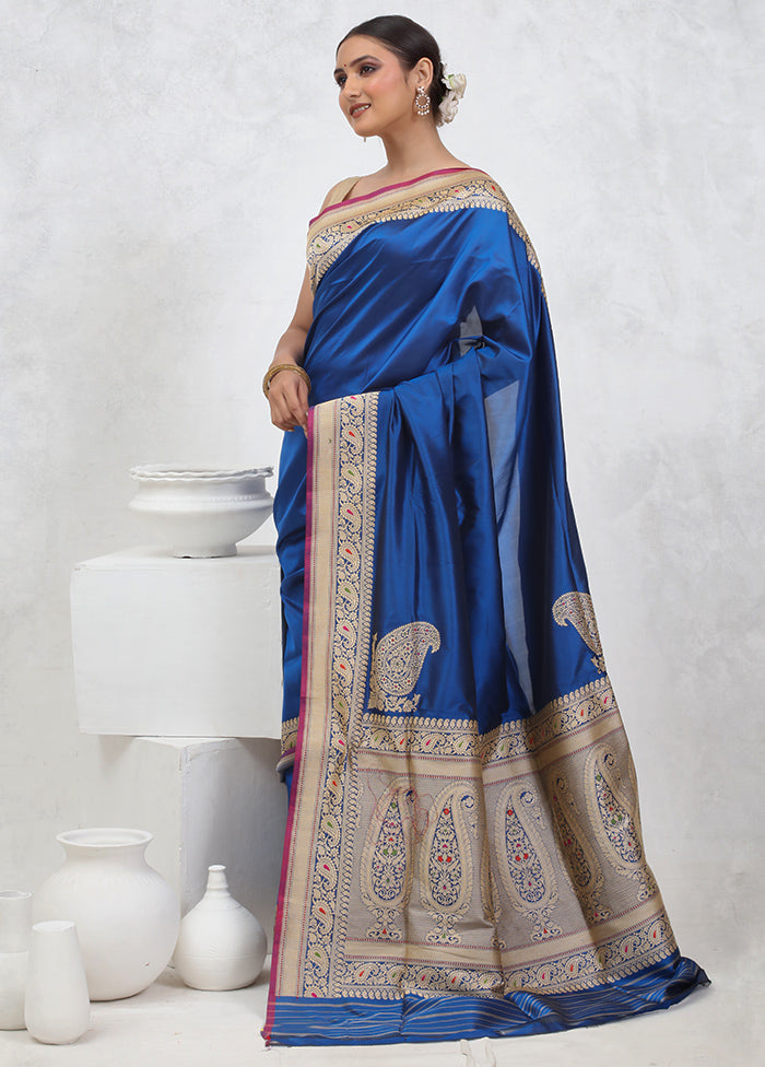 Blue Banarasi Pure Silk Saree With Blouse Piece - Indian Silk House Agencies