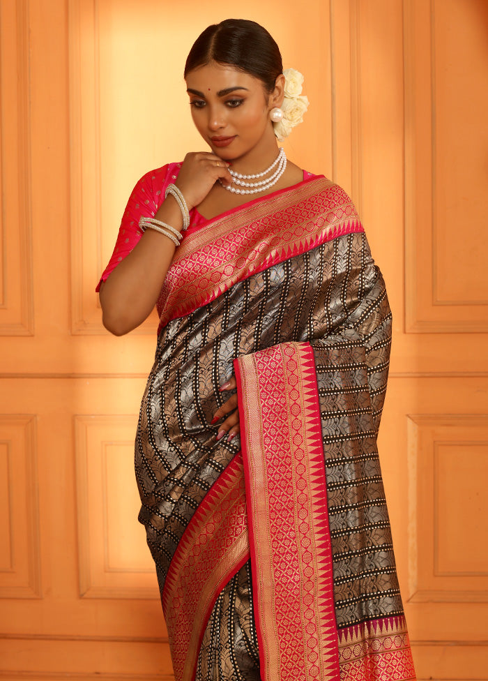 Black Uppada Pure Silk Saree With Blouse Piece - Indian Silk House Agencies