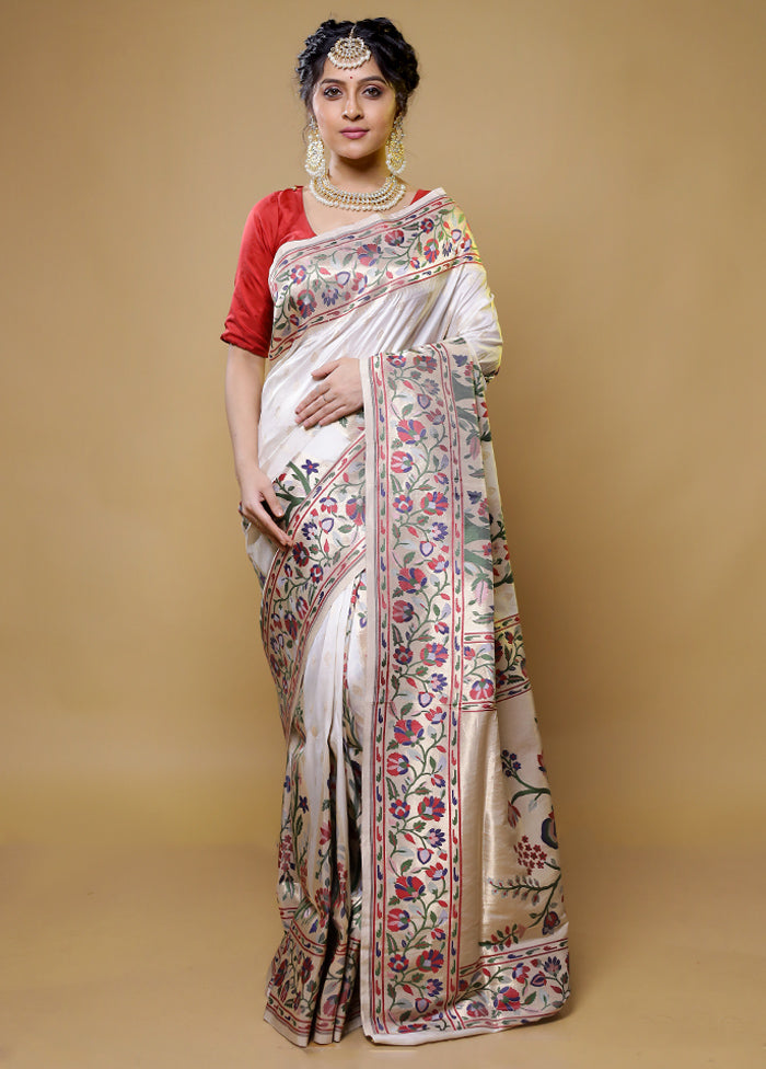 Cream Handloom Uppada Pure Silk Saree With Blouse Piece