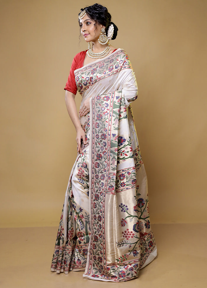 Cream Handloom Uppada Pure Silk Saree With Blouse Piece