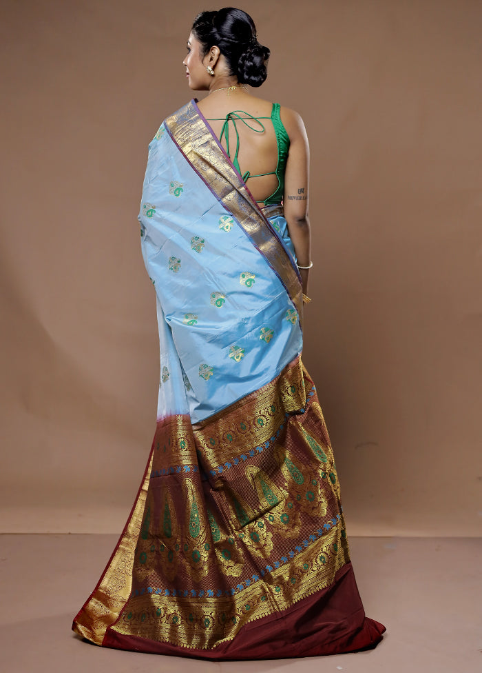 Blue Kanjivaram Silk Saree With Blouse Piece - Indian Silk House Agencies