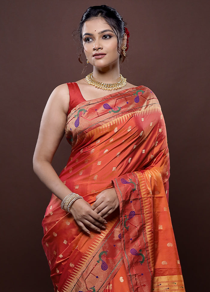 Orange Kanjivaram Pure Silk Saree Without Blouse Piece - Indian Silk House Agencies