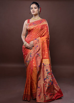 Orange Kanjivaram Pure Silk Saree Without Blouse Piece - Indian Silk House Agencies