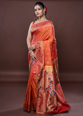 Orange Kanjivaram Pure Silk Saree Without Blouse Piece - Indian Silk House Agencies