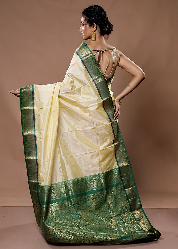 Cream Kanjivaram Silk Saree With Blouse Piece - Indian Silk House Agencies