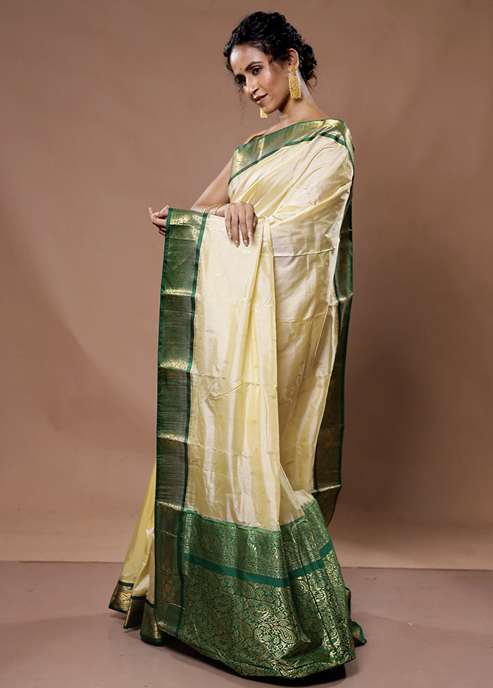 Cream Kanjivaram Silk Saree With Blouse Piece - Indian Silk House Agencies