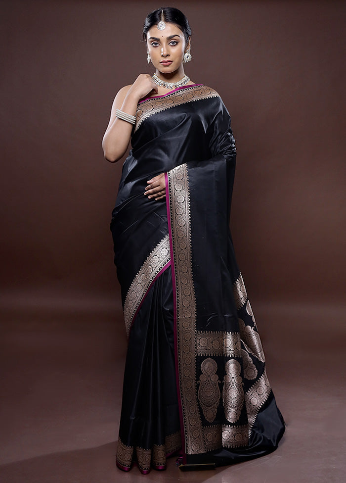 Black Banarasi Silk Saree Without Blouse Piece - Indian Silk House Agencies