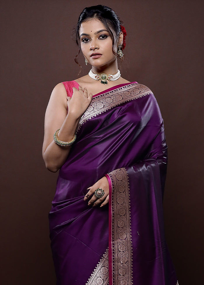 Purple Banarasi Silk Saree Without Blouse Piece - Indian Silk House Agencies