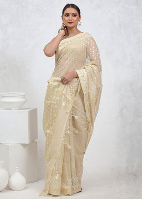 Cream Kora Silk Saree With Blouse Piece