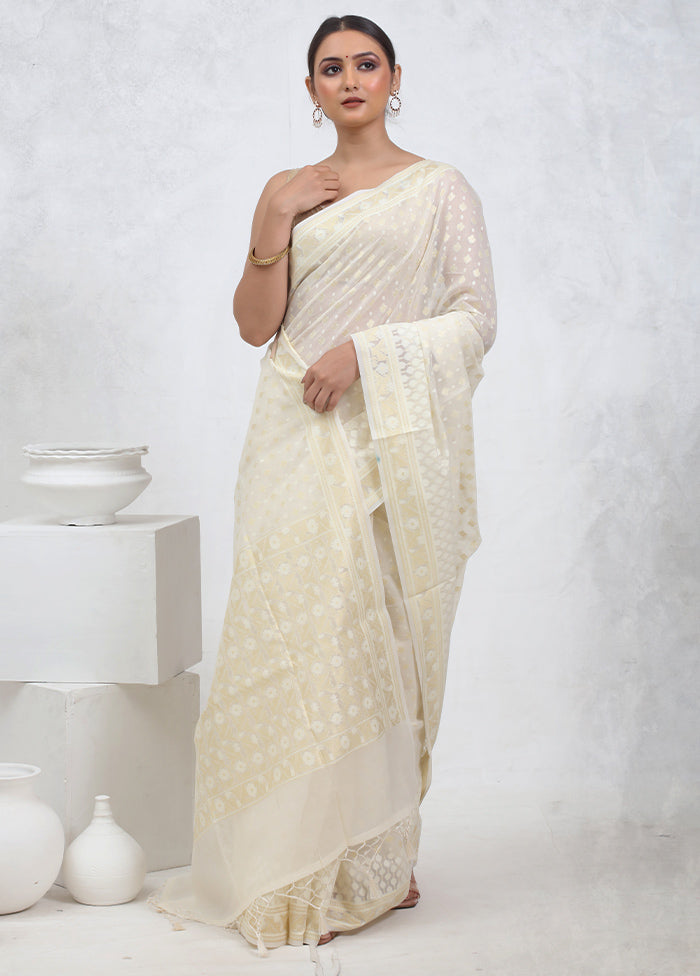 Cream Kora Silk Saree With Blouse Piece