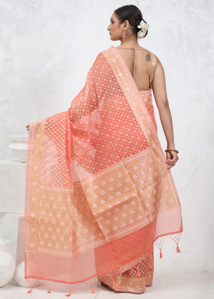 Peach Kora Silk Saree With Blouse Piece