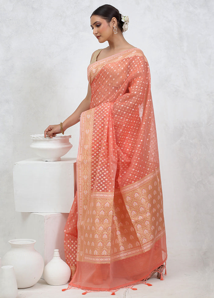 Peach Kora Silk Saree With Blouse Piece