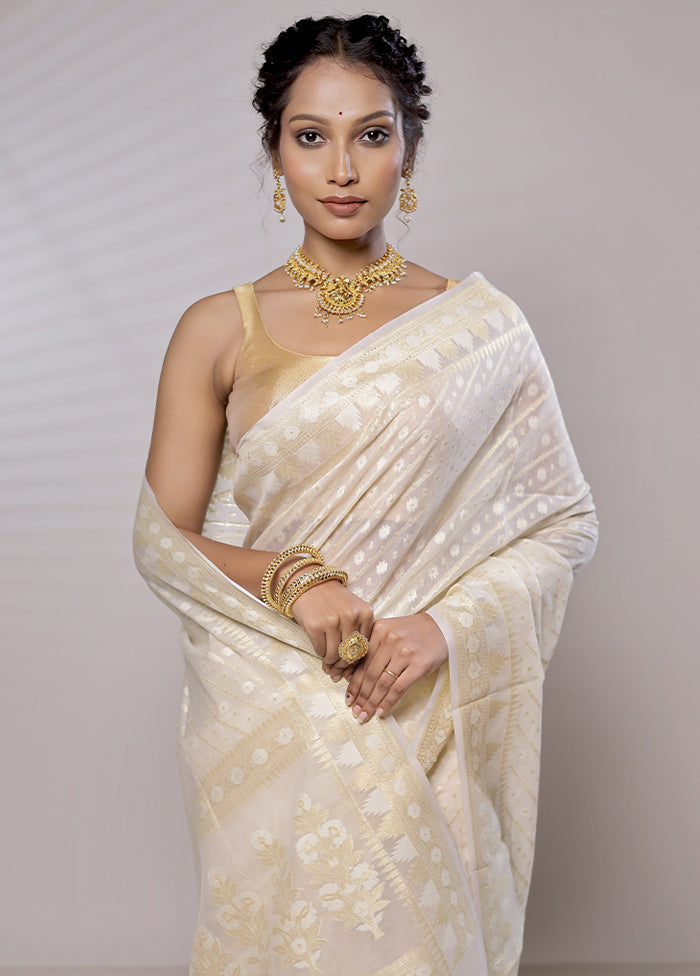 Cream Kora Silk Saree With Blouse Piece - Indian Silk House Agencies