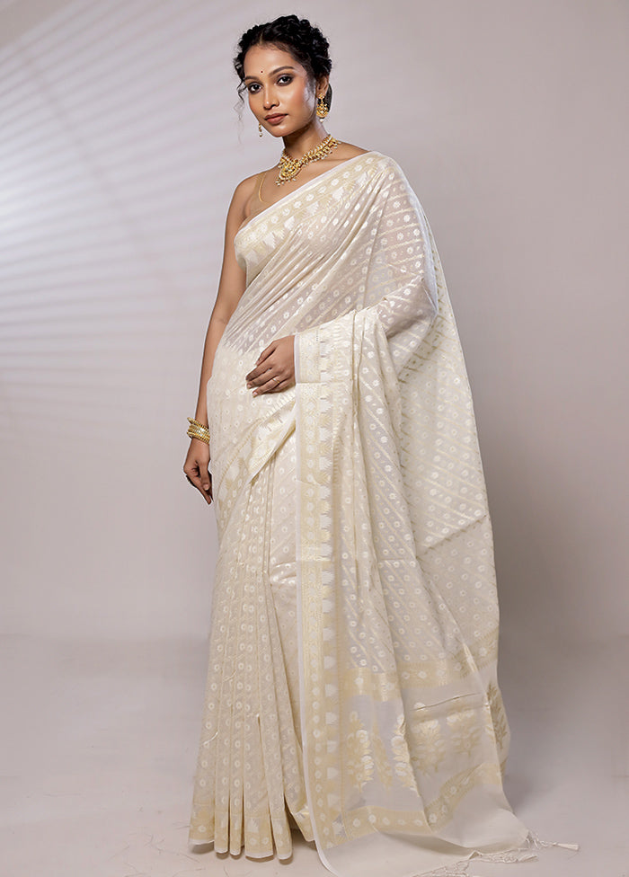 Cream Kora Silk Saree With Blouse Piece