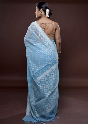 Blue Kora Silk Saree Without Blouse Piece - Indian Silk House Agencies