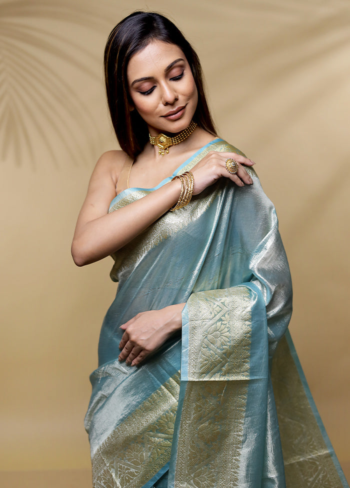 Green Crushed Tissue Silk Saree Without Blouse Piece - Indian Silk House Agencies