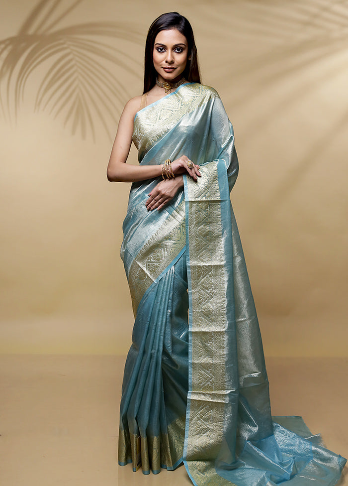 Green Crushed Tissue Silk Saree Without Blouse Piece - Indian Silk House Agencies