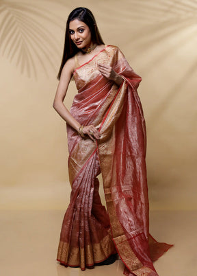 Pink Crushed Tissue Silk Saree Without Blouse Piece - Indian Silk House Agencies