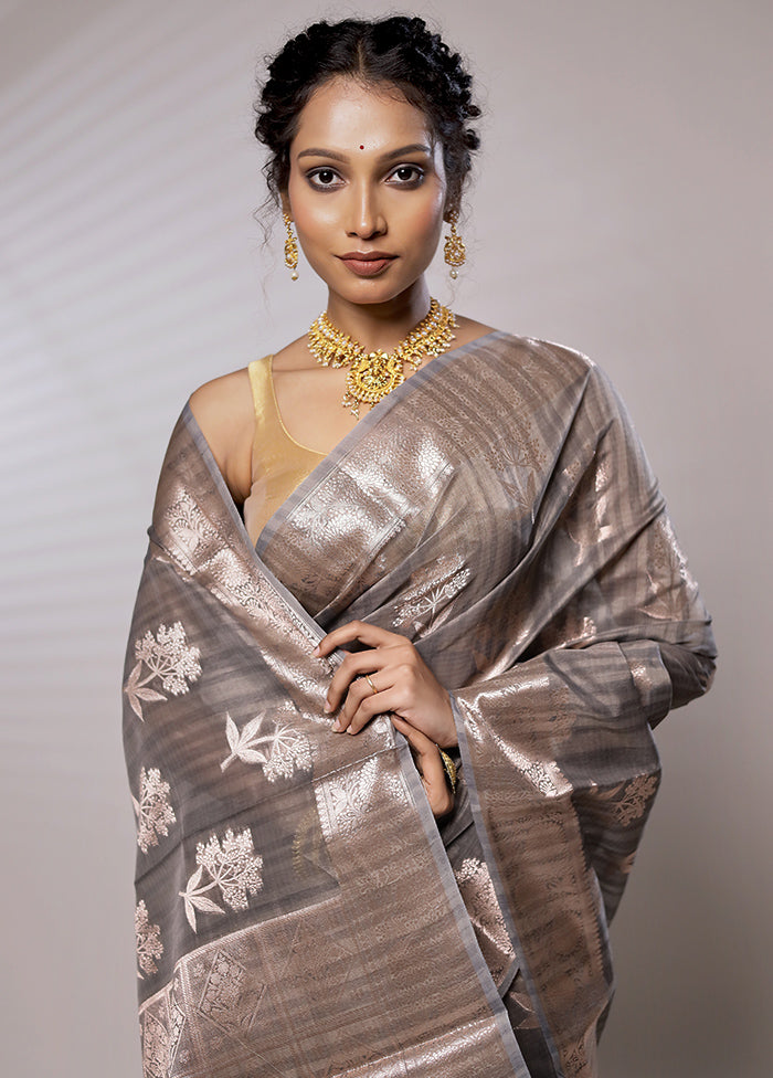 Grey Kora Silk Saree With Blouse Piece