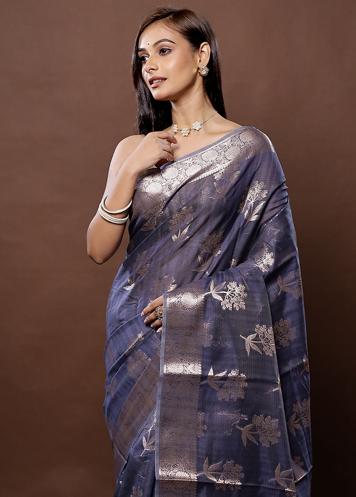 Blue Kora Silk Saree With Blouse Piece