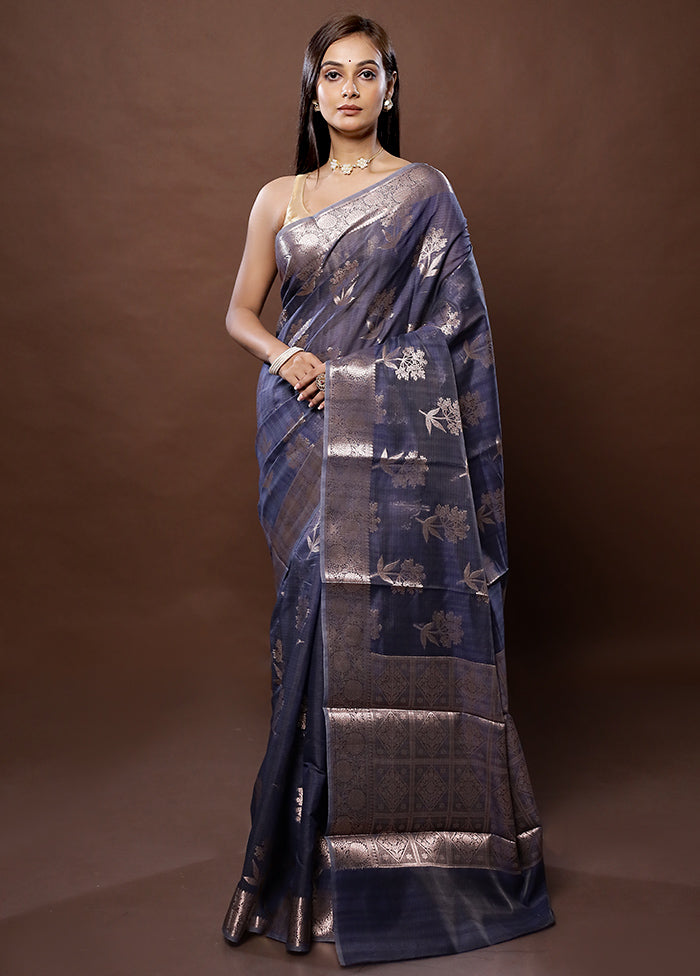 Blue Kora Silk Saree With Blouse Piece