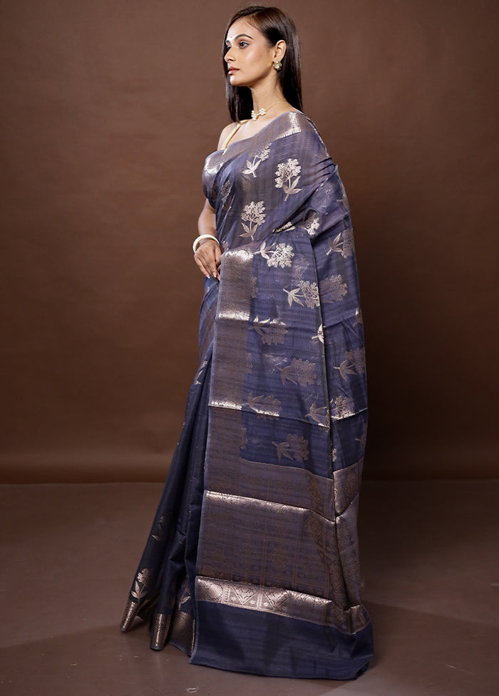 Blue Kora Silk Saree With Blouse Piece