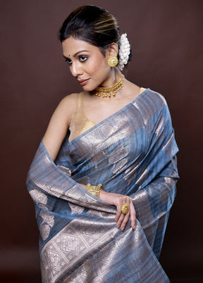 Blue Kora Silk Saree Without Blouse Piece - Indian Silk House Agencies