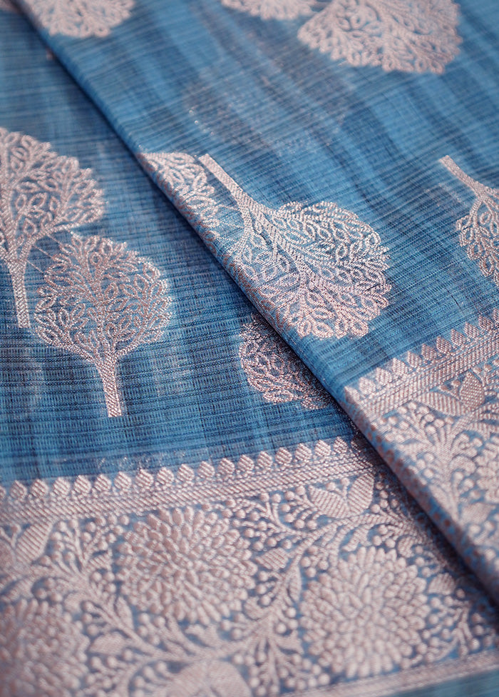 Blue Kora Silk Saree Without Blouse Piece - Indian Silk House Agencies