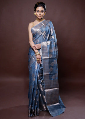 Blue Kora Silk Saree Without Blouse Piece - Indian Silk House Agencies