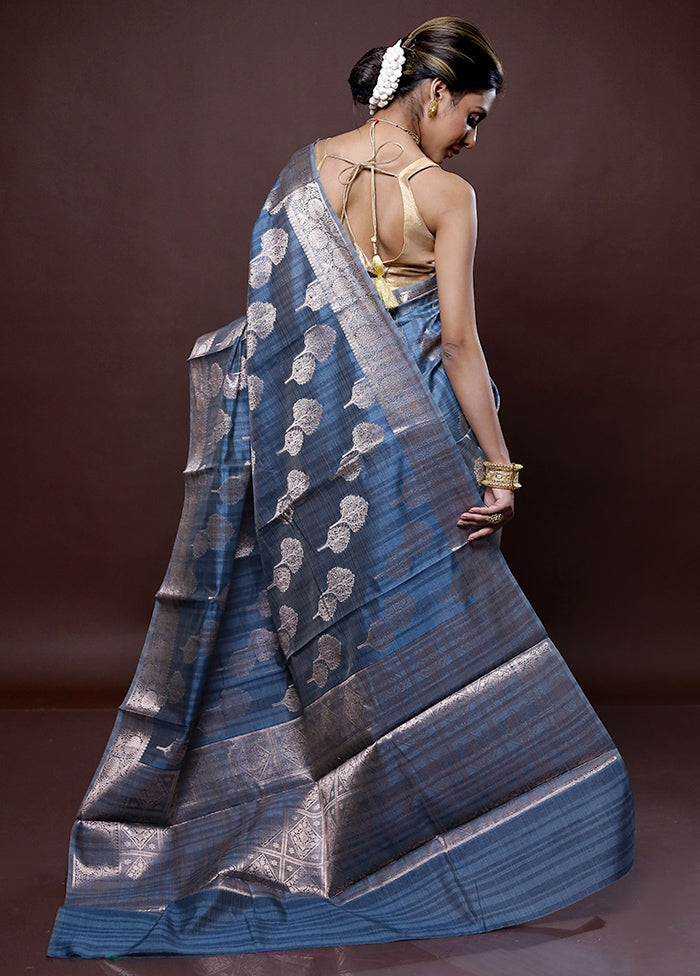 Blue Kora Silk Saree Without Blouse Piece - Indian Silk House Agencies