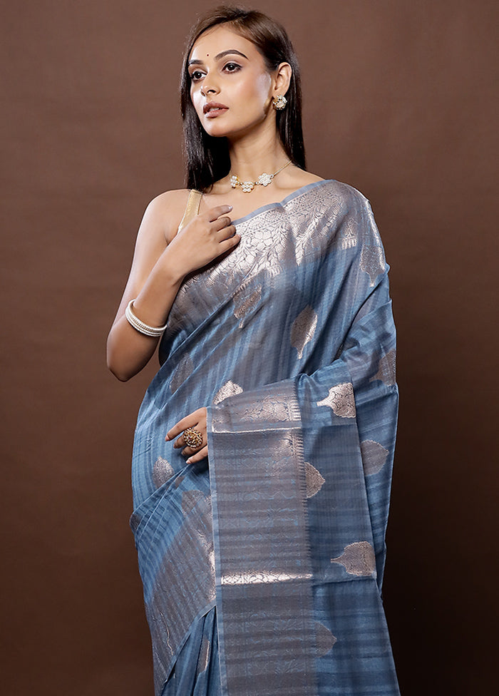 Blue Kora Silk Saree With Blouse Piece - Indian Silk House Agencies