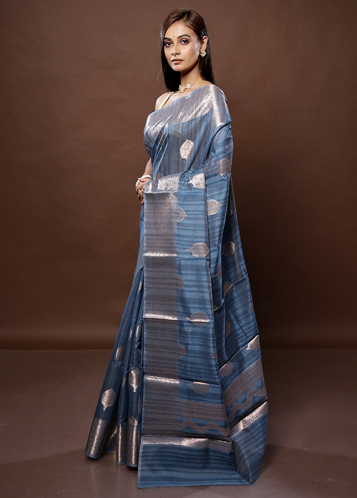 Blue Kora Silk Saree With Blouse Piece