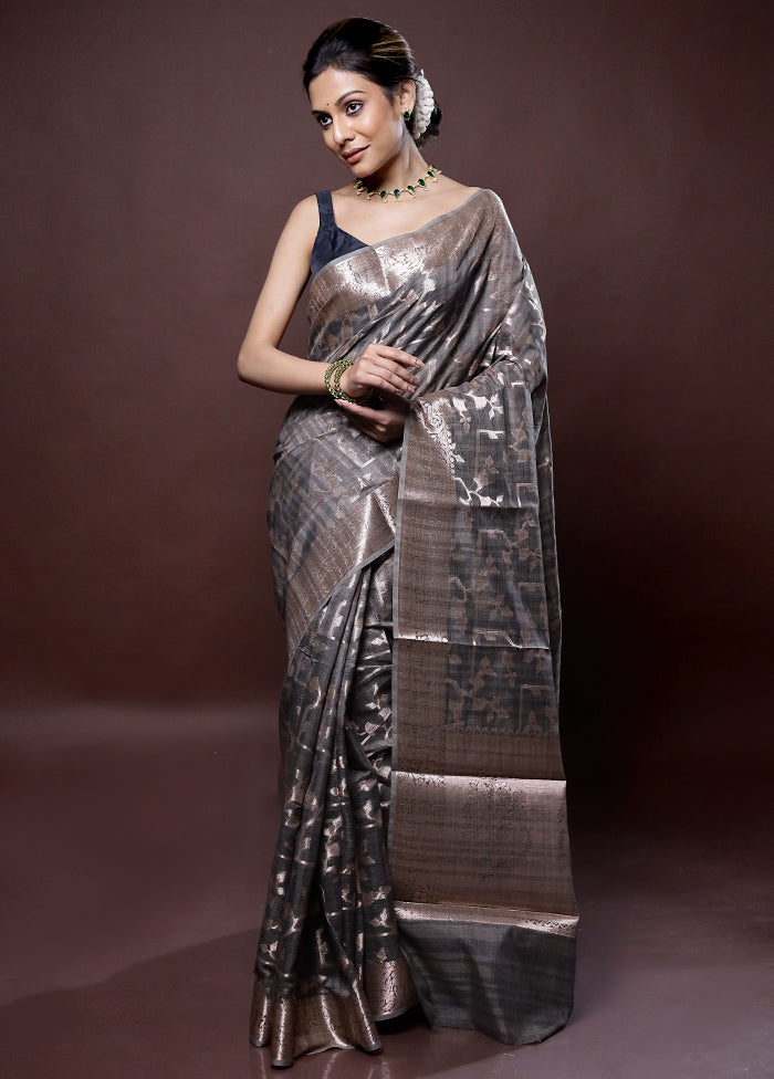 Grey Kora Silk Saree Without Blouse Piece - Indian Silk House Agencies