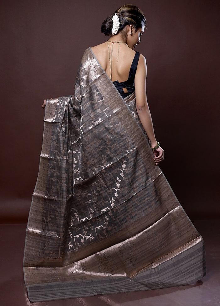 Grey Kora Silk Saree Without Blouse Piece - Indian Silk House Agencies