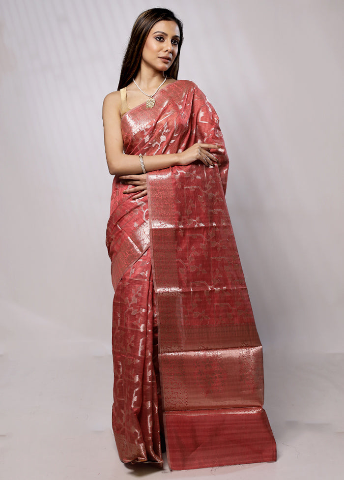 Peach Kora Silk Saree With Blouse Piece