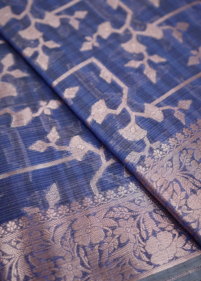 Blue Kora Silk Saree Without Blouse Piece - Indian Silk House Agencies