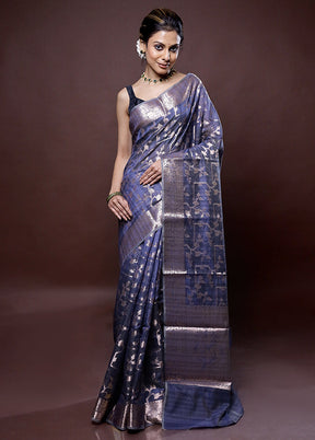 Blue Kora Silk Saree Without Blouse Piece - Indian Silk House Agencies