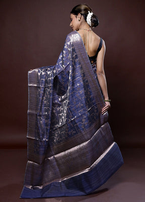 Blue Kora Silk Saree Without Blouse Piece - Indian Silk House Agencies