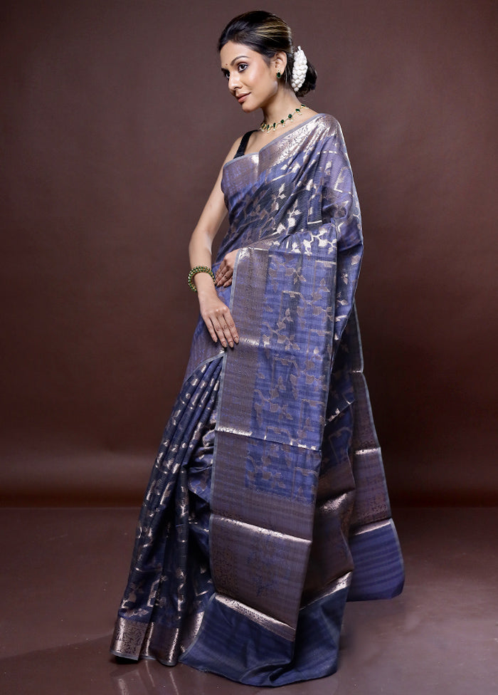 Blue Kora Silk Saree Without Blouse Piece - Indian Silk House Agencies