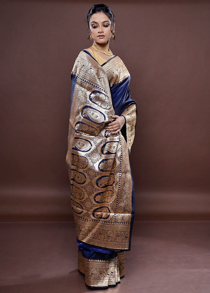 Blue Banarasi Silk Saree Without Blouse Piece - Indian Silk House Agencies