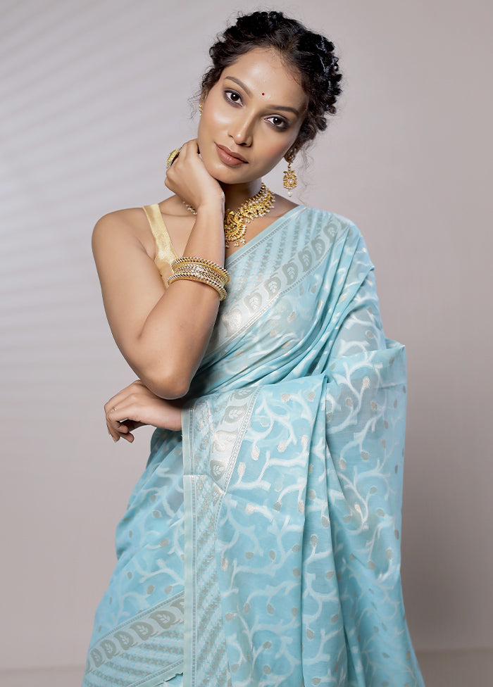 Blue Kora Silk Saree With Blouse Piece