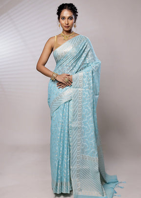 Blue Kora Silk Saree With Blouse Piece