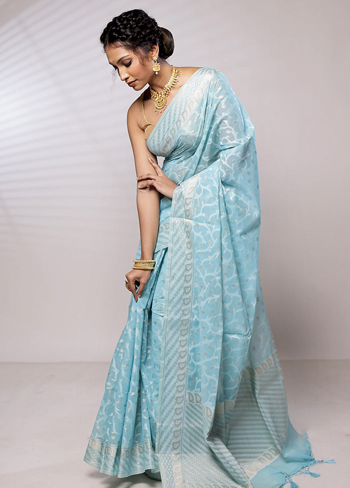 Blue Kora Silk Saree With Blouse Piece