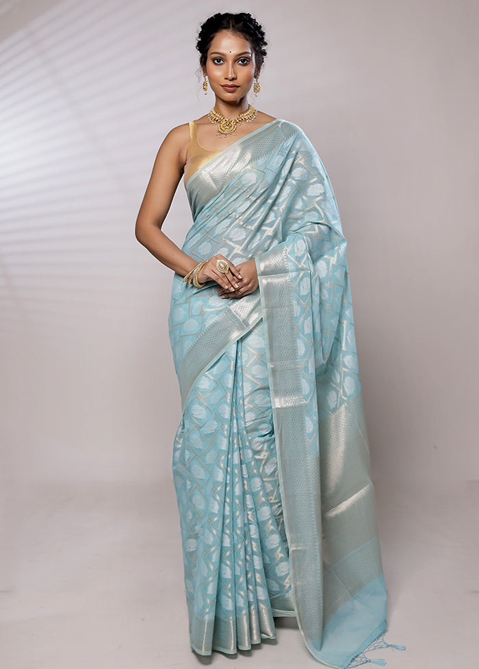 Blue Kora Silk Saree With Blouse Piece