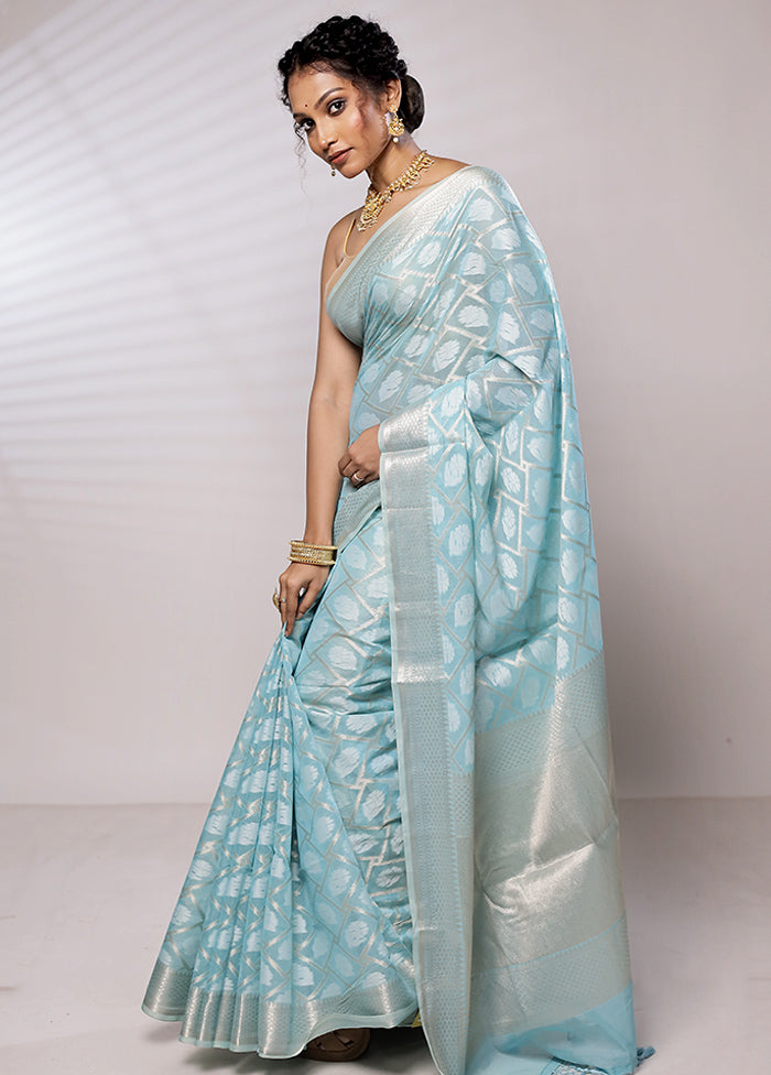 Blue Kora Silk Saree With Blouse Piece