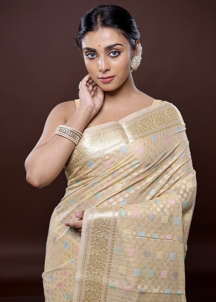 Cream Organza Saree Without Blouse Piece - Indian Silk House Agencies