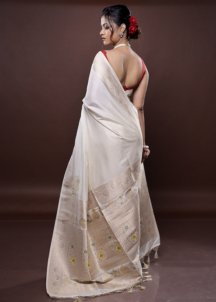 Cream Dupion Silk Saree Without Blouse Piece - Indian Silk House Agencies