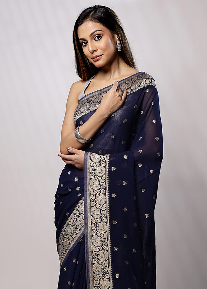 Blue Georgette Saree With Blouse Piece