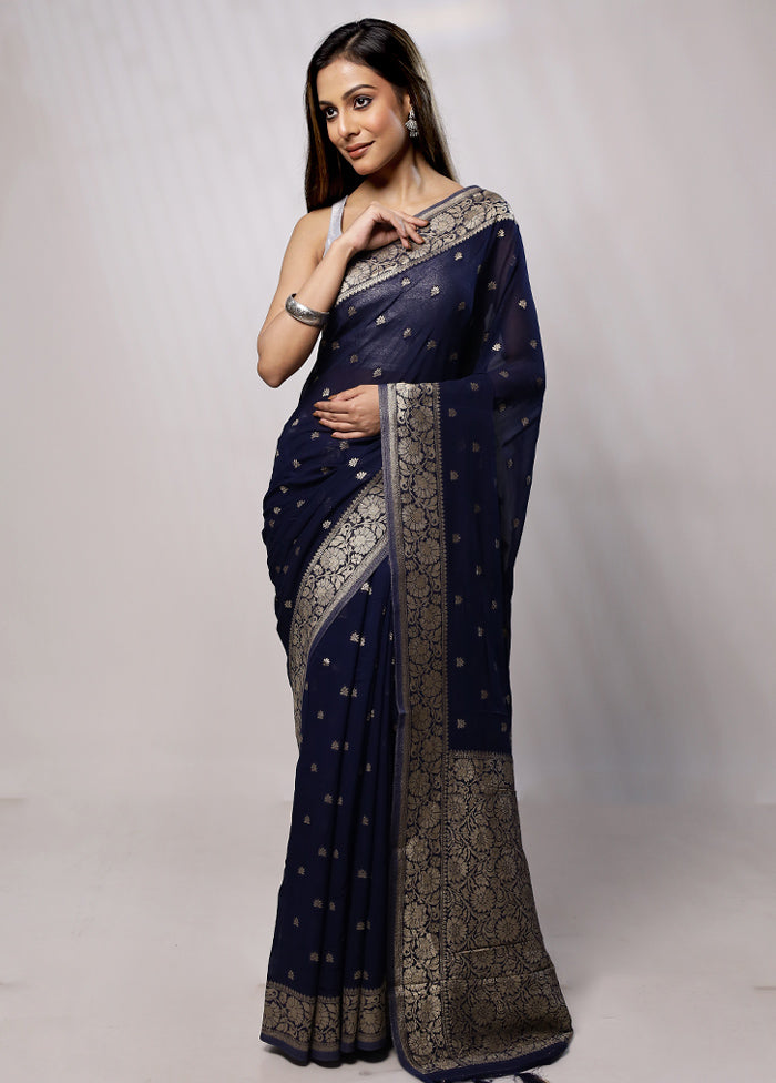 Blue Georgette Saree With Blouse Piece