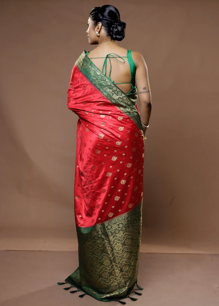 Red Dupion Silk Saree With Blouse Piece - Indian Silk House Agencies